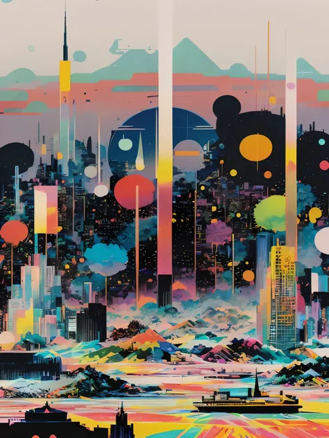 brightly colored painting of a city with a lot of buildings, greg beeple, colorful dystopian futurism, jen bartel, beeple and tim hildebrandt, futuristic painting, beeple and james jean, inspired by Tomokazu Matsuyama, beeple and greg rutkowski, style hybr...