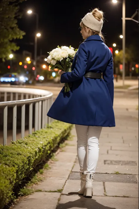 holding one flower bouquet with both hands、walking pose、A moment to look back、holding one flower bouquet with both hands、look down and feel depressed、beautiful blonde european woman、Angled angle of view、Angle of view from the side A city based on bricks、Pi...