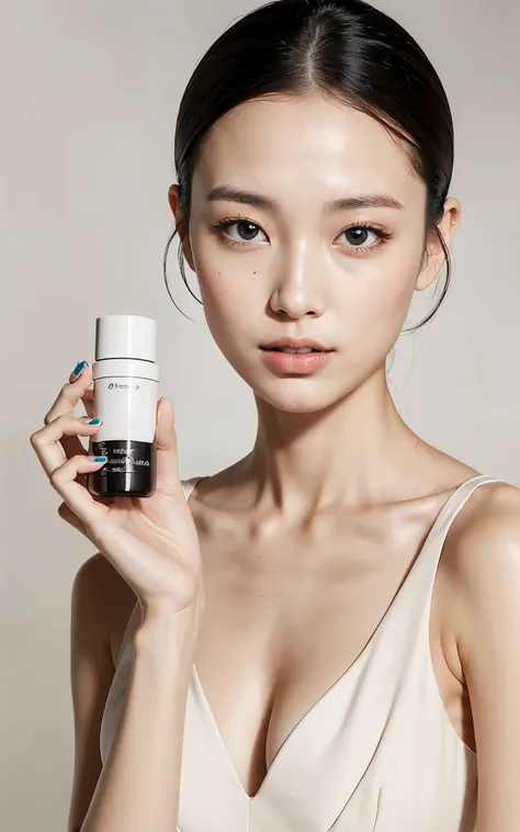 1 FEMALE-FOCUSED, A BEAUTIFUL FEMALE MODEL HAS A COSMETIC BOTTLE IN HER HANDS, WEARING WHITE SHIRT, THE MODELS SKIN IS HEALTHY AND CLEAR, AND THE COSMETICS BOTTLE SHINES LUXURIOUSLY, SKIN CARE, FLOWER, COSMETICS COMMERCIAL PHOTOS, CLEAN ATMOSPHERE, IN THE ...