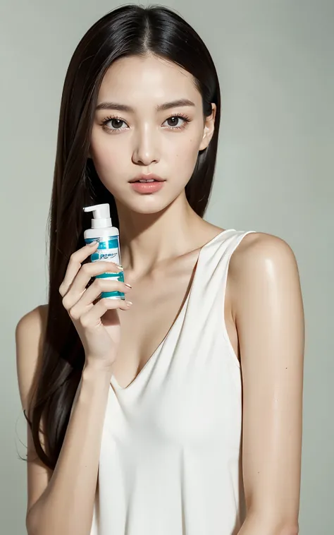 1 FEMALE-FOCUSED, A BEAUTIFUL FEMALE MODEL HAS A COSMETIC BOTTLE IN HER HANDS, WEARING WHITE SHIRT, THE MODELS SKIN IS HEALTHY AND CLEAR, AND THE COSMETICS BOTTLE SHINES LUXURIOUSLY, SKIN CARE, FLOWER, COSMETICS COMMERCIAL PHOTOS, CLEAN ATMOSPHERE, IN THE ...