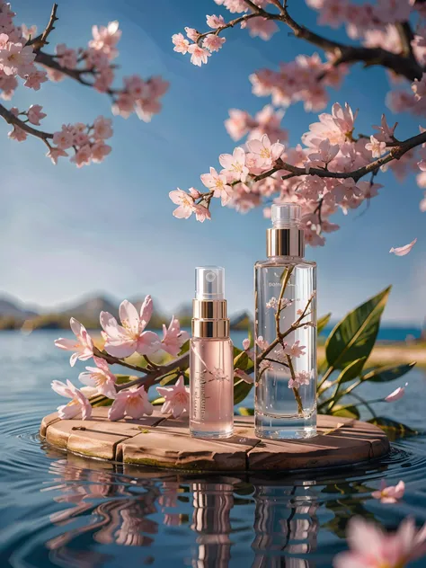 BEST QUALITY, 4K, 8K, HIGH RESOLUTION, MASTERPIECE, ULTRA-DETAILED, PHOTOREALISTIC, BLENDER, MAKEUP BOTTLE, CHERRY BLOSSOM WRAPPED AROUND, BLUE SKY BACKGROUND, WATER, SUNLIGHT, LOW PERSPECTIVE, PRODUCT RENDERING
