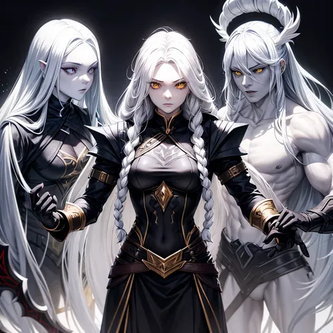 Female kor dnd, long white hair that is braided, 510inches tall, athletic body built, full civering assasin black colored outfit, pale yellow eyes, gray skin color