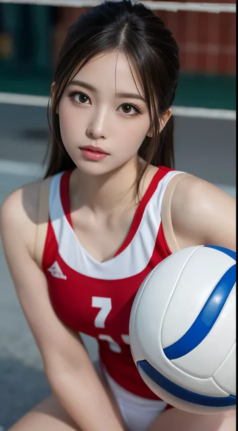 masutepiece, Best Quality, Illustration, Ultra-detailed, finely detail, hight resolution, 8K Wallpaper, Perfect dynamic composition, Beautiful detailed makeup eyelash eyes, gloss lips, Sexy Volleyball Uniform, Sexy face