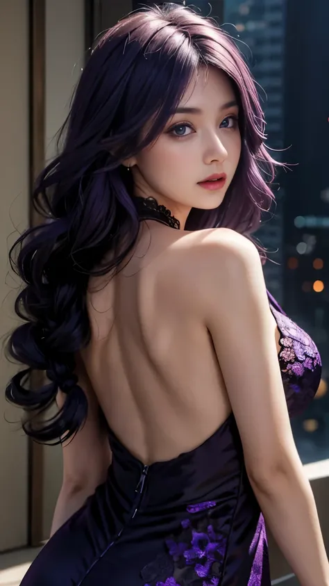 1 girl，girl in black lace dress，view from behind，look back，purple hair，purple hair big breasts，long hair，thick braid，wear a purp...