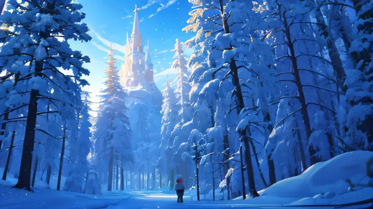 cartoonish style，enchanted forest，bright，Sky，snow，winter