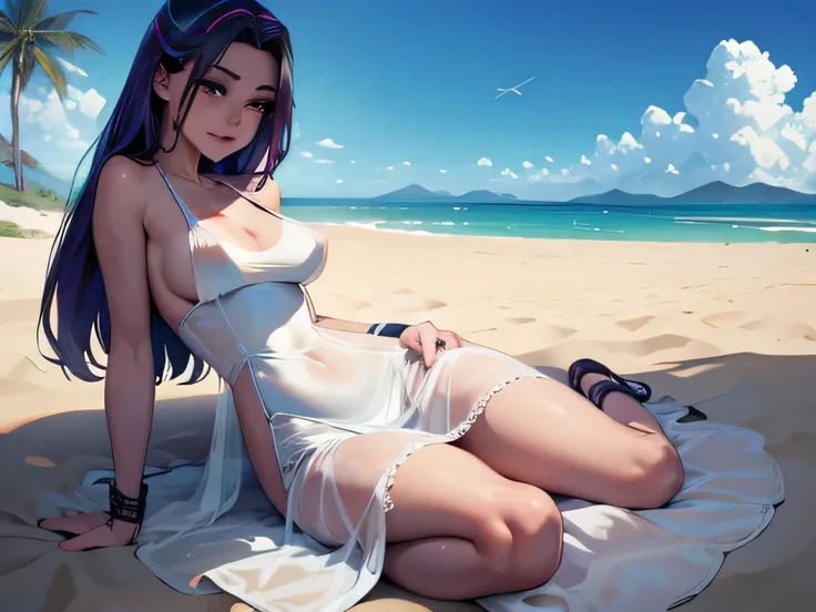 ariablaze from my little pony ,ariablaze as a girl , female body , Slender body , (((wind blowing))), out door ,desert , (beach in background) , lay on sands, posing, bent back ,(((sheer lace transparent dress))) , sexy pose , erotic , topless , exposed ge...