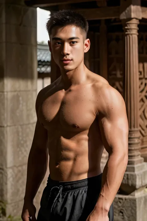 1 person, 
20 years old.o Shirtless muscular man ,  whole body, monk，in a temple，bald soft light, Japanese, A masterpiece of designers, best quality, 8k ultra high definition, SLR camera, film grain, Photorealistic artwork for Fujifilm XT3 by Midjourney an...