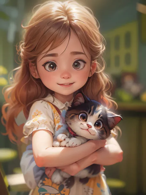 a little girl，preschool，Holding cute kitten，Pixar style, best quality, stills, very cute, big eyes, sunny，Very happy， (masterpiece: 1.2) (actual: 1.2) (Bokeh) (best quality) (delicate skin: 1.3) (intricate details) (8k) (exquisite eyes) (sharp focus), (hap...