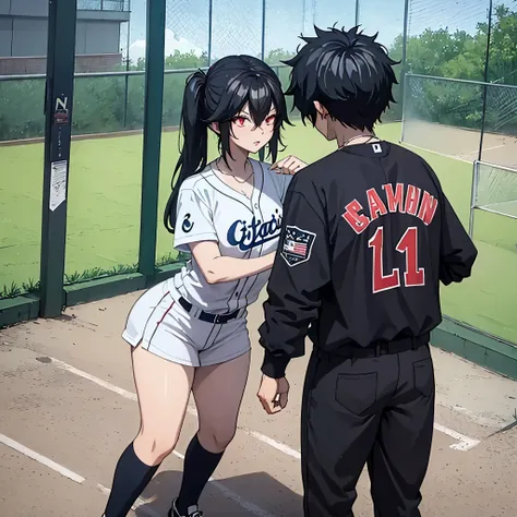 a man and a woman black baseball uniform (eye red) playing baseball together
