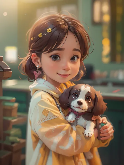 a little girl，preschool，Holding a cute puppy，Pixar style, best quality, stills, very cute, big eyes, sunny，Very happy， (masterpiece: 1.2) (actual: 1.2) (Bokeh) (best quality) (delicate skin: 1.3) (intricate details) (8k) (exquisite eyes) (sharp focus), (ha...