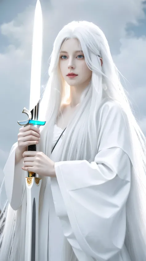 a close up of a person with long white hair holding a sword, white haired deity, with white long hair, with long white hair, white haired, flowing white hair, detailed white long hair, flowing hair and long robes, cloud-like white hair, white hairs, white ...