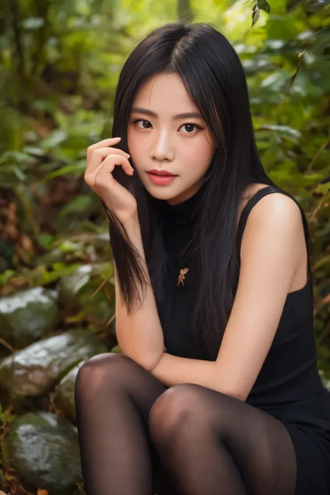 black stockings,crimson ninja,,thin,beautiful face,double eyelid,medium hair,black hair,black eye,Mountain,Mysterious,high quality,realistic