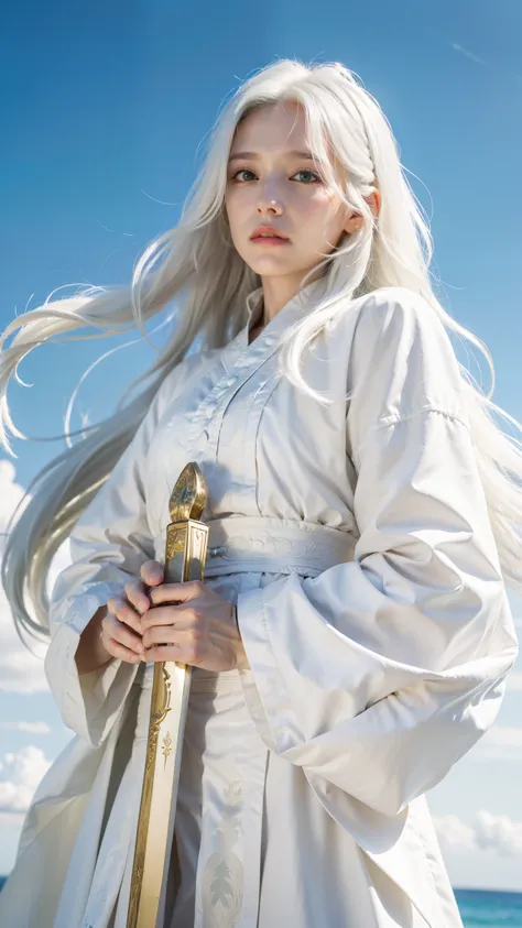 a close up of a person with long white hair holding a sword, white haired deity, with white long hair, with long white hair, white haired, flowing white hair, detailed white long hair, flowing hair and long robes, cloud-like white hair, white hairs, white ...