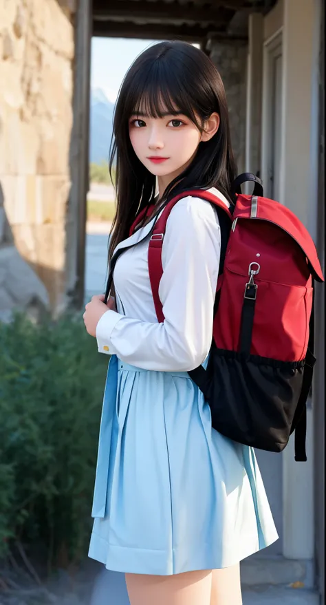 ((best quality)), ((masterpiece)), (detailed), perfect face,a woman with a backpack standing in front of a mountain