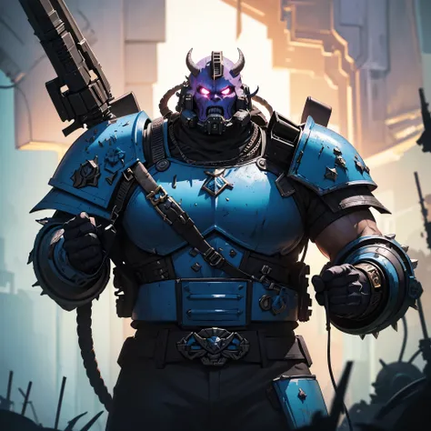 (high-resolution:1.2),vibrant vaporwave aesthetic,ultra-detailed Warhammer 40K scene: A solitary and battle-hardened space marine covered in battle scars faces off against a formidable orc warboss on a lush jungle battlefield. The space marine, clad in ind...