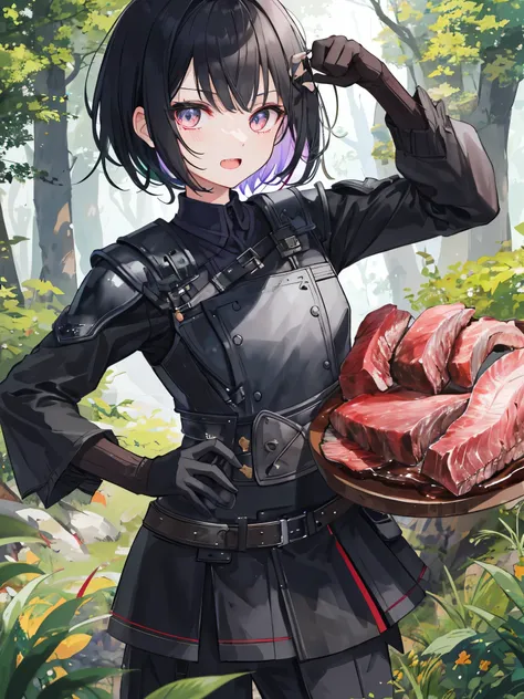 A beautiful girl holding a piece of well-cooked black meat the size of her fist , black meat ,Black short hair , 양hand에 고기를 쥐고 작은 입을 벌리고 있음 , Teeth are sharp , rainbow colored eyes , Small in size , upper body , mouth open , sharp mouth , hand , 5개의 hand가락...