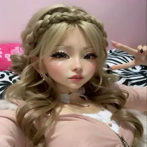 um close up de uma mulher com cabelos longos e uma camisa rosa, Bela Delfina, garota de anime na vida real, Lalisa Manobal, portrait of japanese gyaru, anime hiper realista, cabelo loiro e olhos grandes, boneca barbie anime, with a large head and big eyes,...