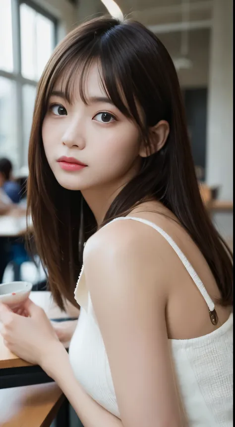 finely, High resolution, high quality、完璧なダイナミックな構figure, beautiful and fine eyes, medium hair, 、natural color lip, squat,Kamimei、Shibuya Ward、university student、1 person、transparent skin、shining hair、table top, 最high quality, figure, super detailed, finely...