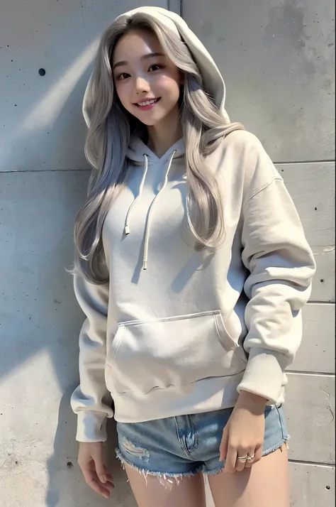 realistic, High resolution, 1 female, glowing skin, alone, wide lips,long hair,wavy hair, hip up,saggy breasts,small face,white wall,concrete wall,background white,Gray color hair,Color Contacts,tilt one's head,wearing a hoodie,smile,white teeth,whole ...