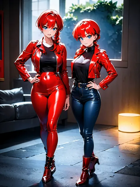 Garota anime ruiva vestindo red leather jacket and blue leather pants, 16 anos, corpo bonito, botas pretas, leather boot shoes, seios grandes, with one hand on his waist, hand on hip, dedo na boca, garota sexy, red hair with braid, beautiful lighting, somb...