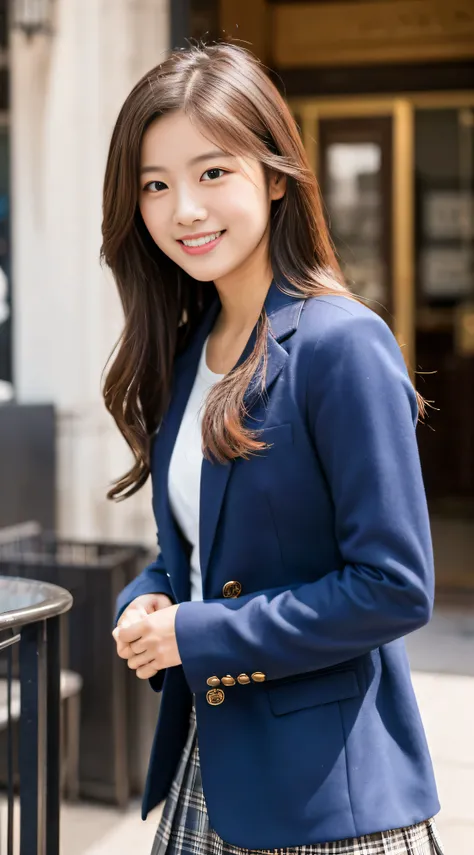 Table work, Highest image quality, 1girl, (While watching)), chestnut hair, Maroon eyes, long hair, Dark blue blazer, white shirt, blue skirt, 163cm, facial details, 18-year-old, solo, long legs, smile, beautiful girl, High school girl beauty contest grand...