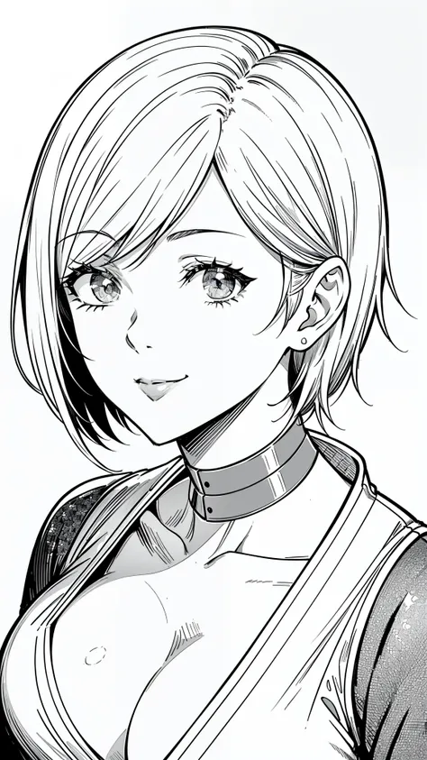 {8k image}, beautiful woman (dare skin), 20 years old, short hair (Stunning Copper Pixie Cut), busty, wearing a Japanese outfit, looking at the viewer smiling, face centered forward, focus on the face and breasts, {face portrait}, manga art style, lineart,...