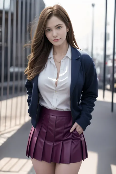 Claire Redfield from Resident Evil, posing seductively to viewer, solo:1, pov, beautiful thick thighs, side view
Sunny city background, natural lighting, long hair, 3/4 body, school attire with jacket and tie, mini pleated skirt