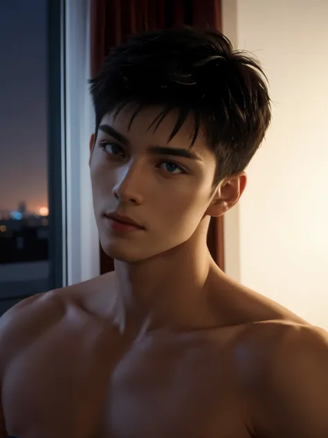 high image quality, two beautiful men, delicate eyes, thin muscular, tall, high stature, random hairstyle, bedroom, trying to kiss, windowsill, nightfall, night view, romantic, detailed face, detailed body,