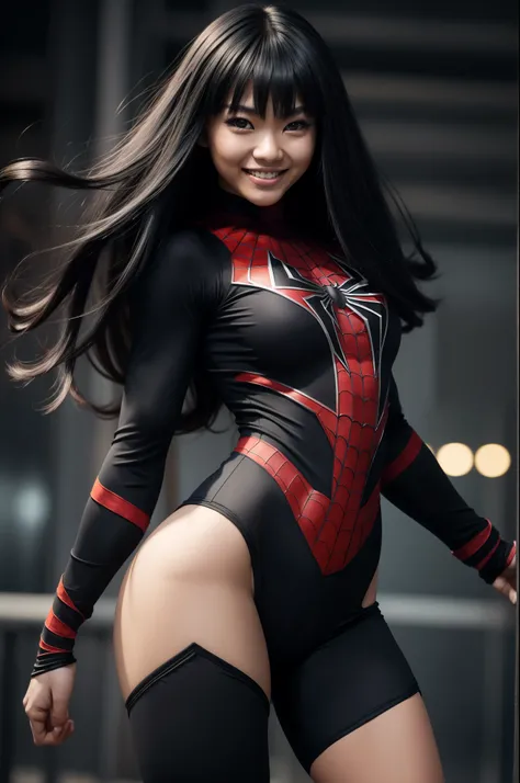 blury background,depth of field, black Spider Man costume,1girl, asian, adult, (24 years old) long black hair, (((atlethic))), slim waist, ((cute smile)), thin eyebrows, yellow eyes, Best proportions  ((biceps)), ((thick thighs)), ((wide hips)), best quali...