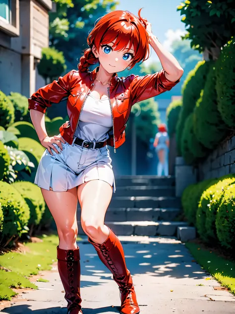 garota anime ruiva vestindo red leather jacket and blue leather pants, 16 anos, corpo bonito, botas pretas, leather boot shoes, ...