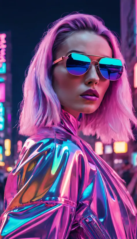 (high resolution,Super detailed),vaporwave aesthetics,luxury,futuristic,neon color,Luminous lamp,Reflective surface,Rainbow gradient,vintage,Fashion-forward,Vibrant pattern,Woman posing confidently,metallic fabric,shiny holographic texture,Geometric compos...