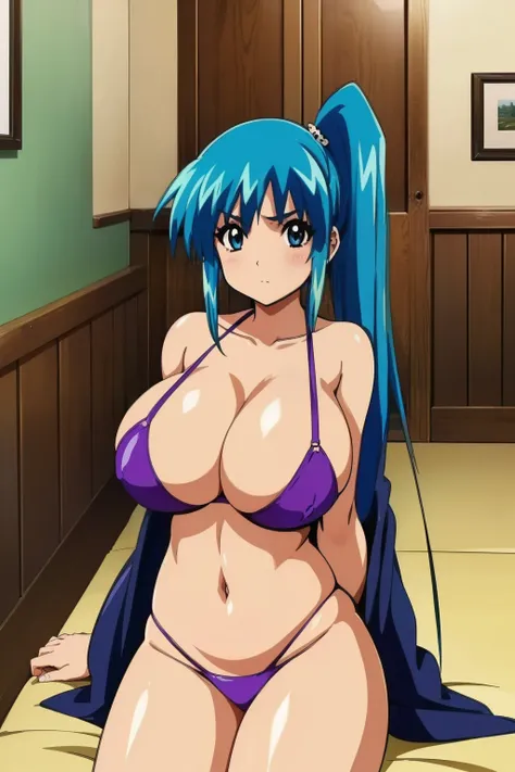 Anime cel drawing style, Best Quality, High resolution, (gigantic breasts:1.6), (bra), (Highleg Panties Thong), misaki kureha, (blue hair), Side Ponytail, Hair Ornament, blush, embarrassed, fear, looking at viewer, ((Full body)), (cowboy shot:1.6), (bedroo...