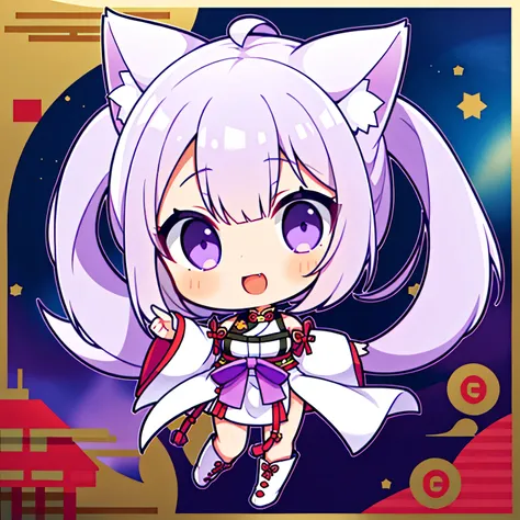 girl, White bob, purple eyes, SD Character, Chinese traditional clothing, A bright smile, cat ears, boots