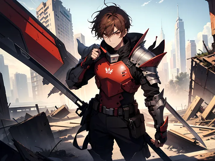 1 man, student, wearing full body armor with red colors, standing in the middle of destroyed city while holding a sword, angry f...