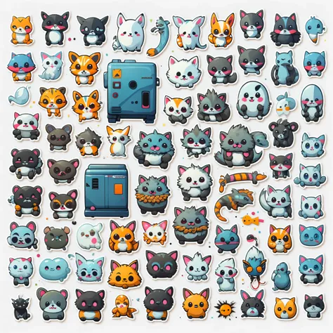 16 stickers, animals, ghosts, machines etc, white background, simple background, no gradient,  Alignment, icon