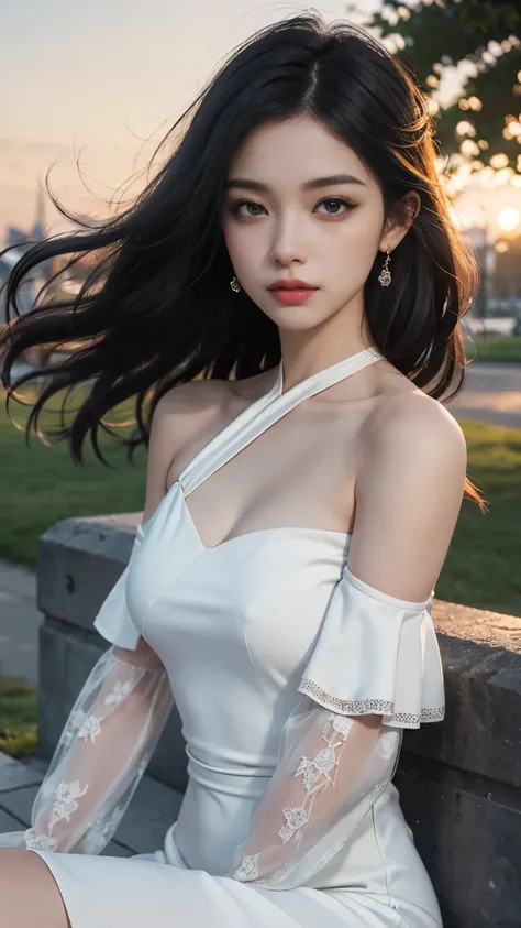 8k, masterpiece, 1 girl, beautiful face, very long hair, light makeup, detailed eyes, detailed lips, ((medium Curved figure)), (simple dress:1.4), (white dress:1.4), (wearing jewellery), (black strap:1.4), (bare shoulder:1.4), in the park, sunset, evening,...