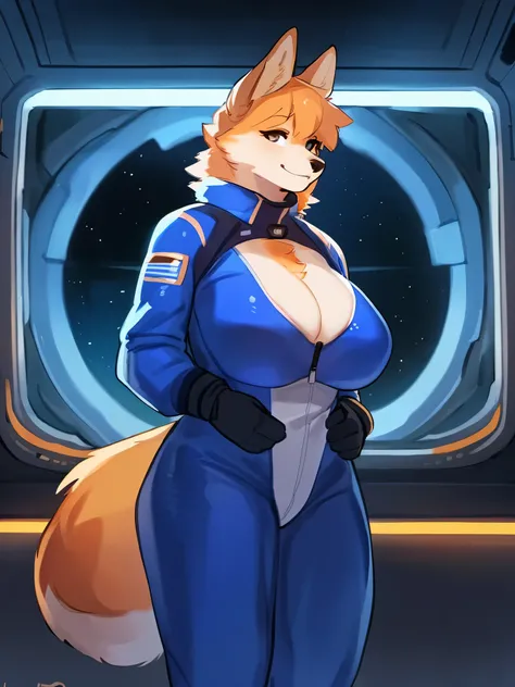 By bebebebebe, by lostgoose, by goonie-san, solo, female, canine, husky, fluffy, standing, standing, (hair), big breasts, sci-fi spacesuit, boob window, cleavage, spaceship, space, window