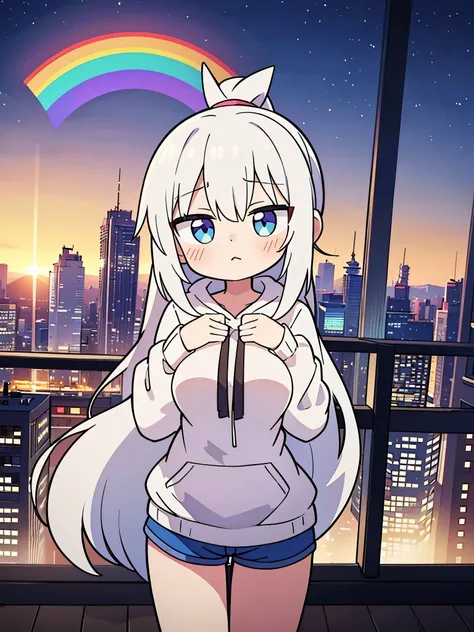 masterpiece:1.3、ultra high resolution:1.3、8K、woman、solo:1.3、whole body、The style is very good.、real face、looking at the viewer、White-silver hair、rainbow色の目:1.3、ponytail、big breasts、hoodie、shorts、cute、close、blush、shyness、Light pointing、city、many buildings、b...