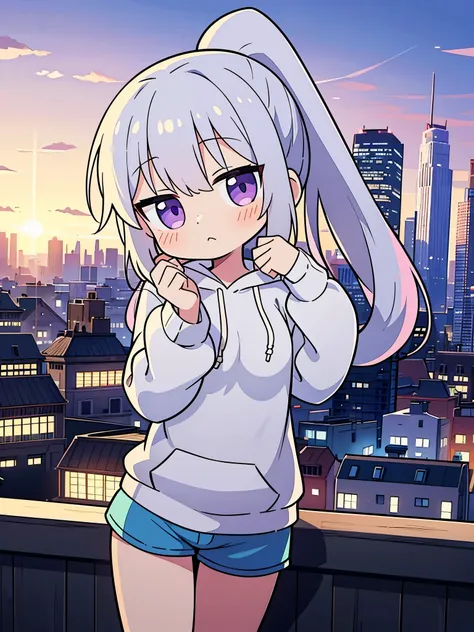 masterpiece:1.3、ultra high resolution:1.3、8K、woman、solo:1.3、whole body、The style is very good.、real face、looking at the viewer、White-silver hair、rainbow色の目:1.3、ponytail、big breasts、hoodie、shorts、cute、close、blush、shyness、Light pointing、city、many buildings、b...