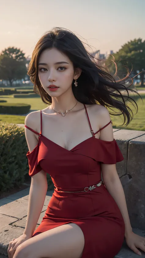 (8K:1.5), ((masterpiece:1.2)), 1 girl, beautiful face, very long hair, light makeup, detailed eyes, detailed lips, ((medium Curved figure)), (simple dress:1.4), (red dress:1.4), (wearing jewellery), (strap:1.4), (bare shoulder:1.4), in the park, sunset, ev...