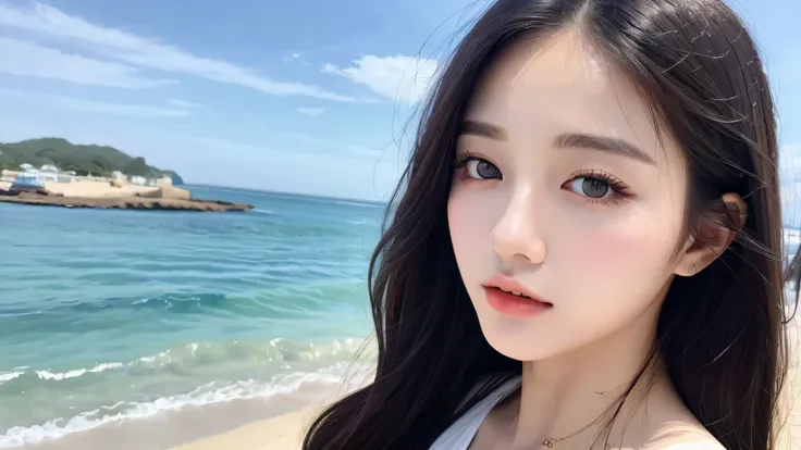 ((best quality, 8k, masterpiece: 1.3)), 1 girl, whole body, face slimming, pretty Woman, (black hair), Super detailed face, delicate eyes, double eyelids, blurred background, face slimming, seaside, external, beach,