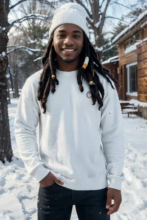 ((perfect photograph)), ((realistic)), ((8k)), (perfect face), gorgeous black man with dreadlock hair, wearing a straight long white long sweat shirt and dark jeans and a black beanie, standing towards the camera, snowing, torso facing camera, wearing blac...