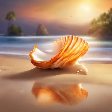 You are challenged to create a realistic image of a shell on the edge of the sea, on a beautiful beach with a lush landscape. The shell is white in color with a soft sheen and contains a delicate pearl inside. The crystal clear sea water is gently touching...