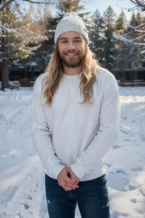 ((perfect photograph)), ((realistic)), ((8k)), (perfect face), gorgeous white man with short long blonde wavy hair and beard, wearing a straight long white long sweat shirt and dark jeans and a black beanie, standing towards the camera, snowing, torso faci...