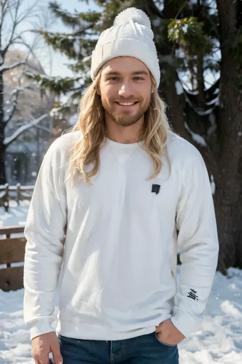 ((perfect photograph)), ((realistic)), ((8k)), (perfect face), gorgeous white man with short long blonde wavy hair and beard, wearing a straight long white long sweat shirt and dark jeans and a black beanie, standing towards the camera, snowing, torso faci...