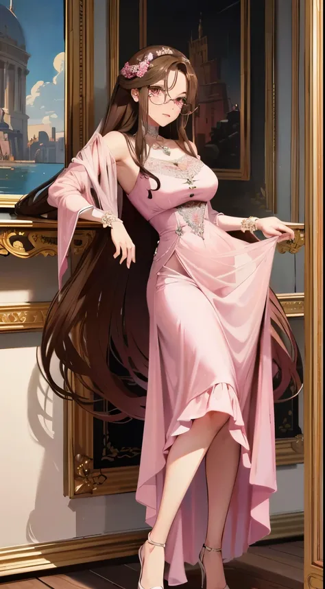 Beautiful italian woman, ((best quality)), ((masterpiece)), ( extreme detailed, highest detailed, official art, beautiful and aesthetic:1.2), absurdly long hair, hair between eyes, brown hair, pink eyes, (((glasses))), elegant pink dress, high heels,