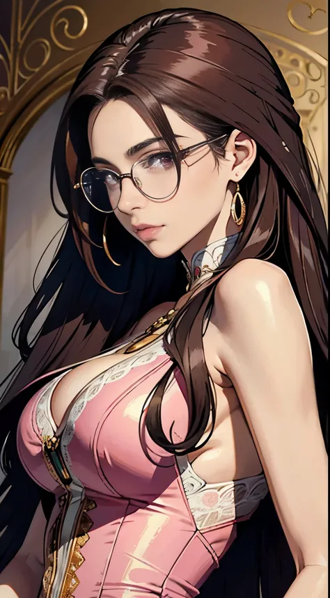 Beautiful italian woman, ((best quality)), ((masterpiece)), ( extreme detailed, highest detailed, official art, beautiful and aesthetic:1.2), absurdly long hair, hair between eyes, brown hair, pink eyes, (((glasses))), elegant pink dress, high heels,