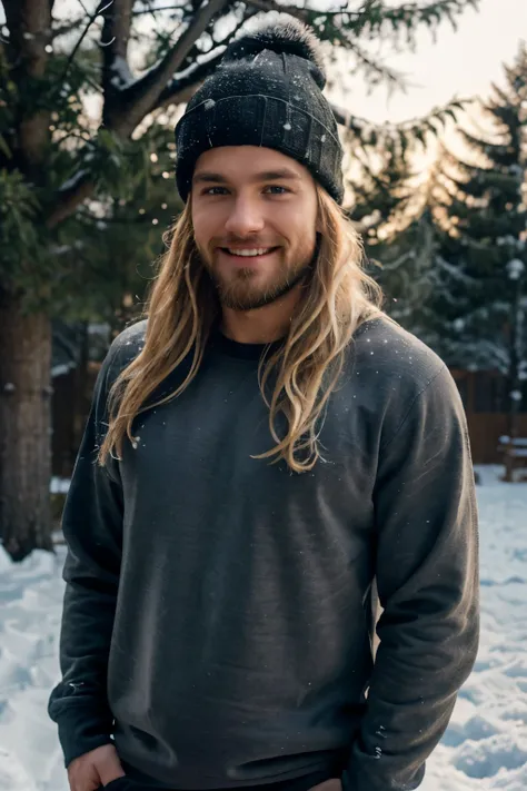 ((perfect photograph)), ((realistic)), ((8k)), (perfect face), gorgeous white man with short long blonde wavy hair and beard, wearing a straight long black long sweat shirt and dark jeans and a black beanie, standing towards the camera, snowing, torso faci...