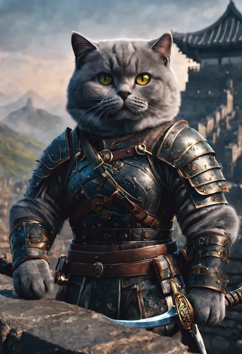 official art, unified 8k wallpaper, super detailed, Beautiful and beautiful, masterpiece, best quality, watching a film《lord of the ring》style of,Real scenes,Epic war scenes,(A fat British shorthair warrior cat:1.4),(whole body:1.2), Put on exquisite armor...