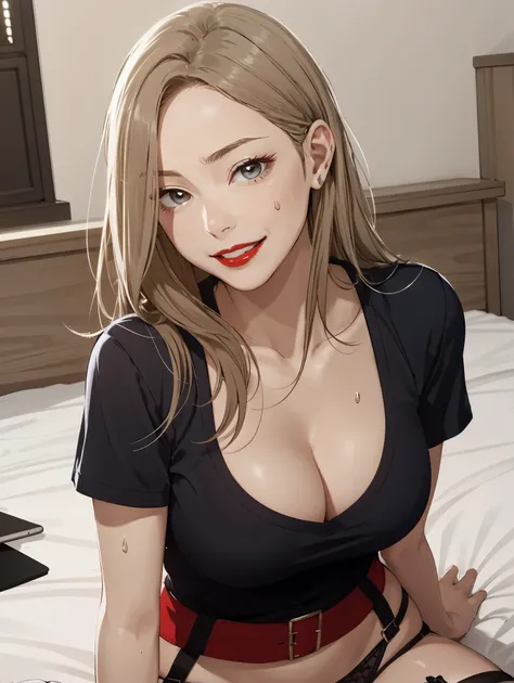 lively、45 year old mature woman、polo shirt、garter belt、smile、cleavage emphasis，sweaty face，messy hair，Breathless face，sit on the bed，While looking at this，face zoom，red lips